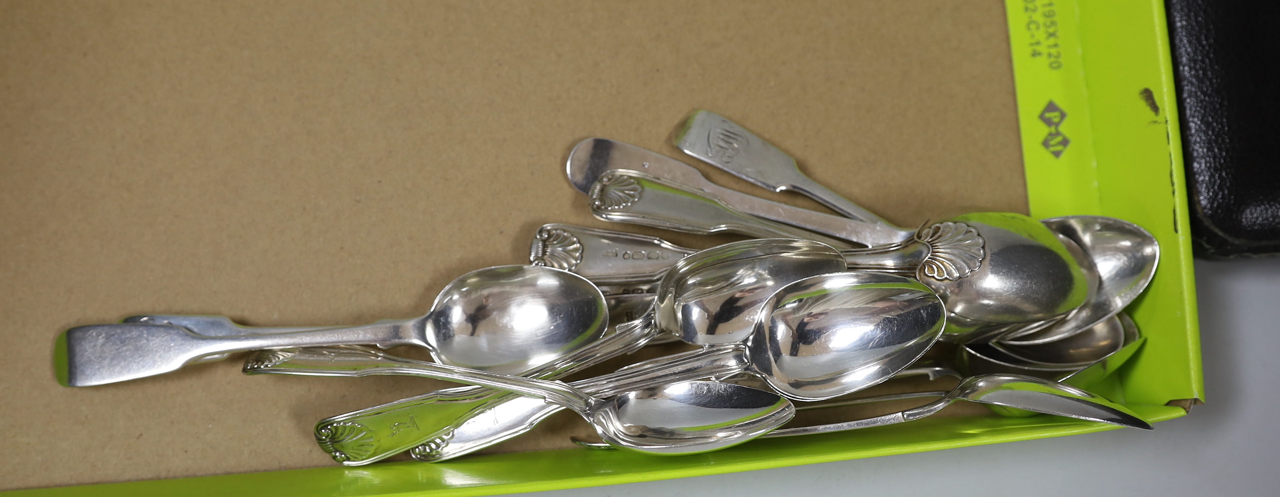 A cased set of six George V silver coffee spoons, one other incomplete set of silver spoons and sixteen other assorted silver teaspoons, various patterns, dates and makers, 12.8oz.